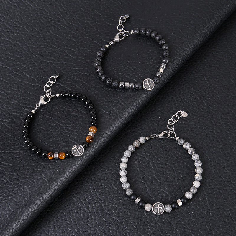 Wholesale Vintage Stainless Steel Cross Men's Natural Stone Beaded Bracelet